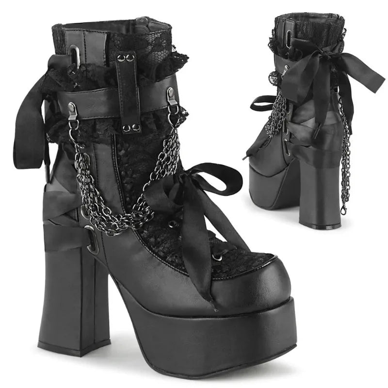 Gothic Chain Lace-Up Bow Short Boots – Retro Round Toe Chunky Platform Ankle Boots for Women, Punk Party Shoes