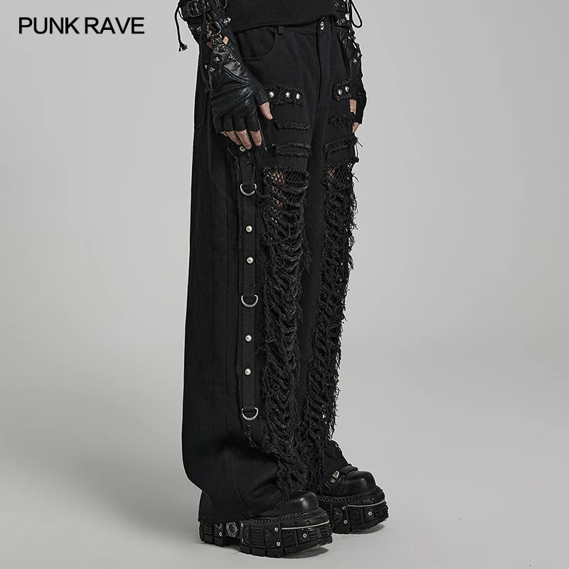 PUNK RAVE Men's Steampunk Doomsday Ripped Twill Denim Pants Personality Punk  Casual Handsome Loose Black Men Trousers