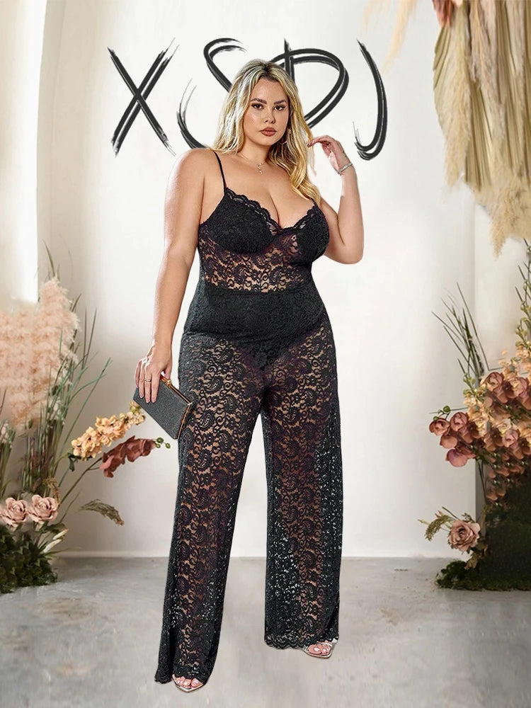 Plus Size Summer Spaghetti Strap Lace Jumpsuit | Sexy Transparent Straight Pant Hollow Out One Piece Jumpsuit