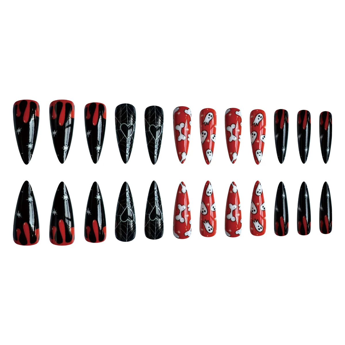 Halloween Long Pointed Nail Stickers White Bone Decor Long Stiletto False Nails Tips Spider Web Ghost Design Fake Nails Press On