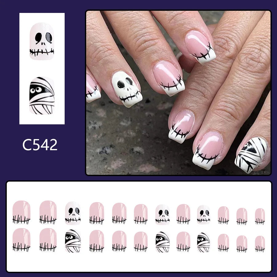 24Pcs Halloween Little Ghost Press-On Fake Nails – Creative French Design Short Square Acrylic Nails for Halloween