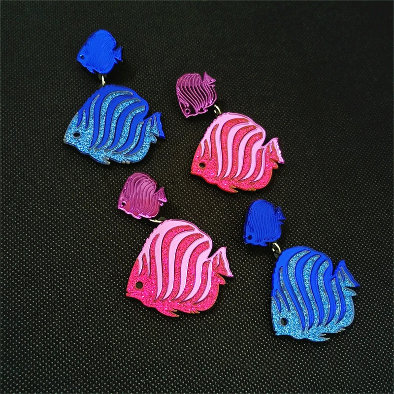 Striped Tropical Fish Summer Mirror Earrings for Women - Acrylic Glitter Blue Hot Pink Cute Jewelry Fashion Accessories by KUGUYS