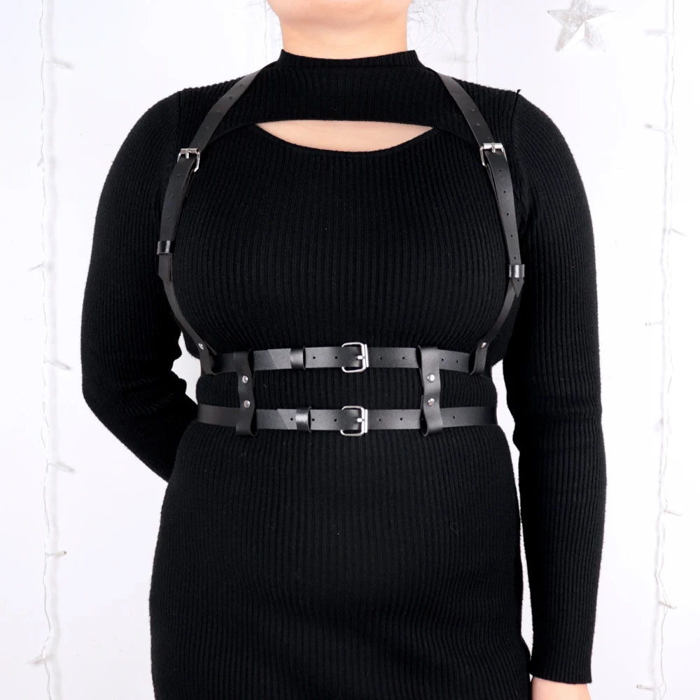 Plus Size Black PU Leather Waist Belt - Gothic Garters with Metal Circle Ring Design