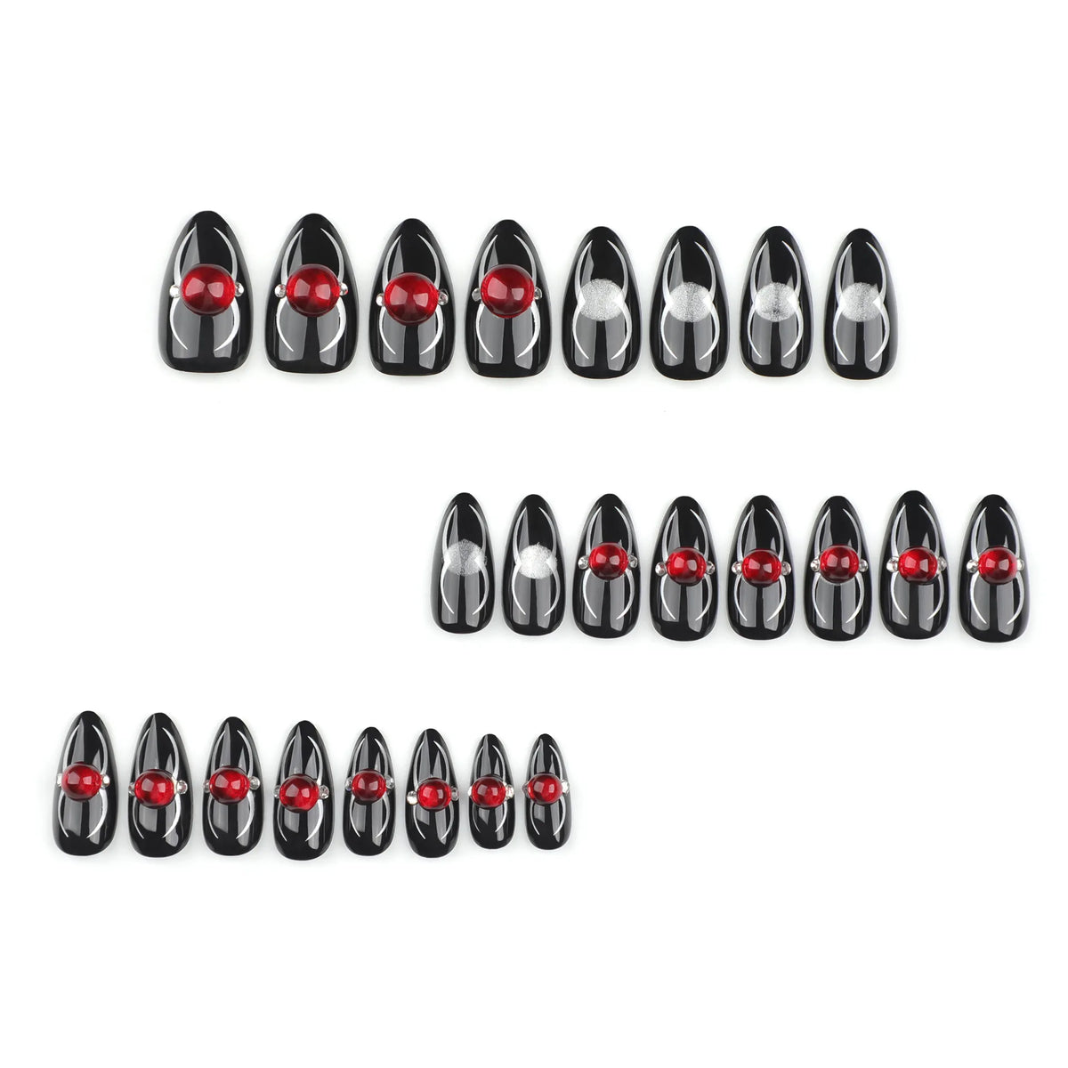 24pcs Halloween Press-On Nails - Red Cat Eye Bead Decor, Almond Shaped, Glossy Black with Spider Design