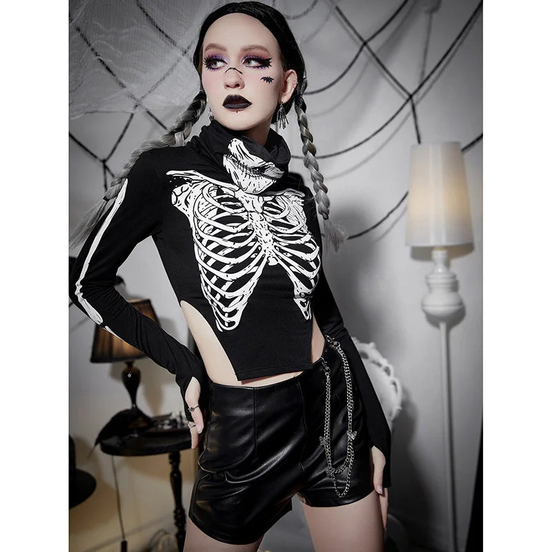 [You're My Secret]Patchwork Gothic Skull Print Irregular Crop Top Women Top Personalized High Neck Long Sleeve T-Shirt Halloween