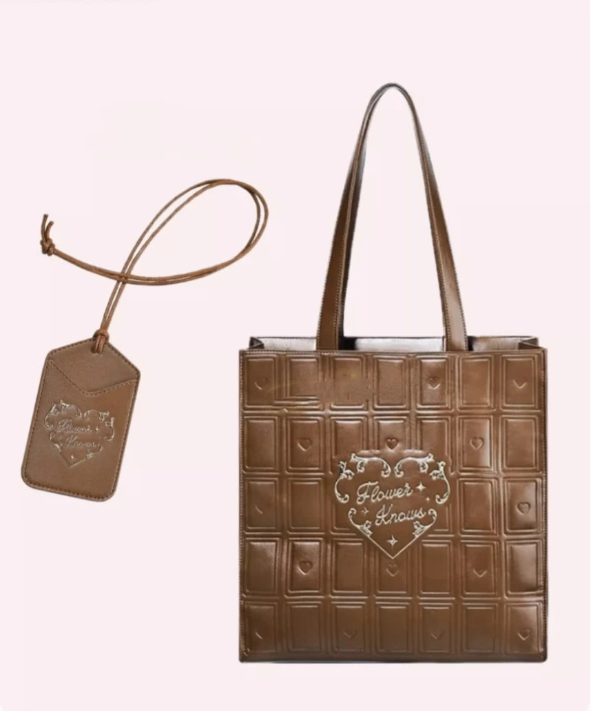 Flower Knows Chocolate Tote Bag PU Leather Solid Color Shoulder PU Leather high-capacity 35.5cm*36cm*13.5cm