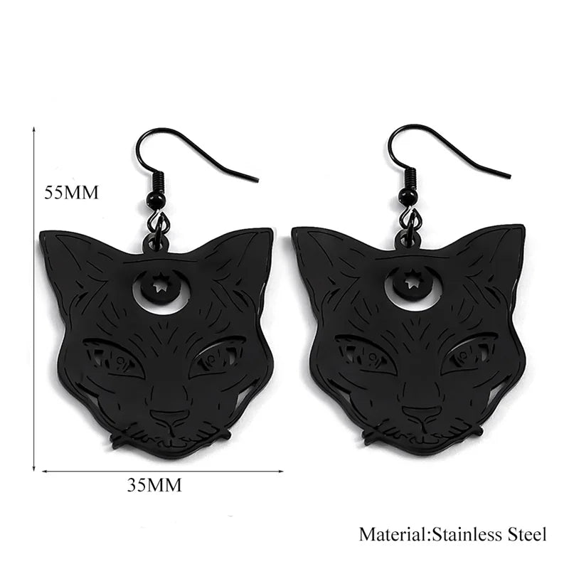 Wicca Goth Witch Cat Dangle Earrings – Stainless Steel Drop Earrings for Women, Witchcraft Kitten Gothic Jewelry