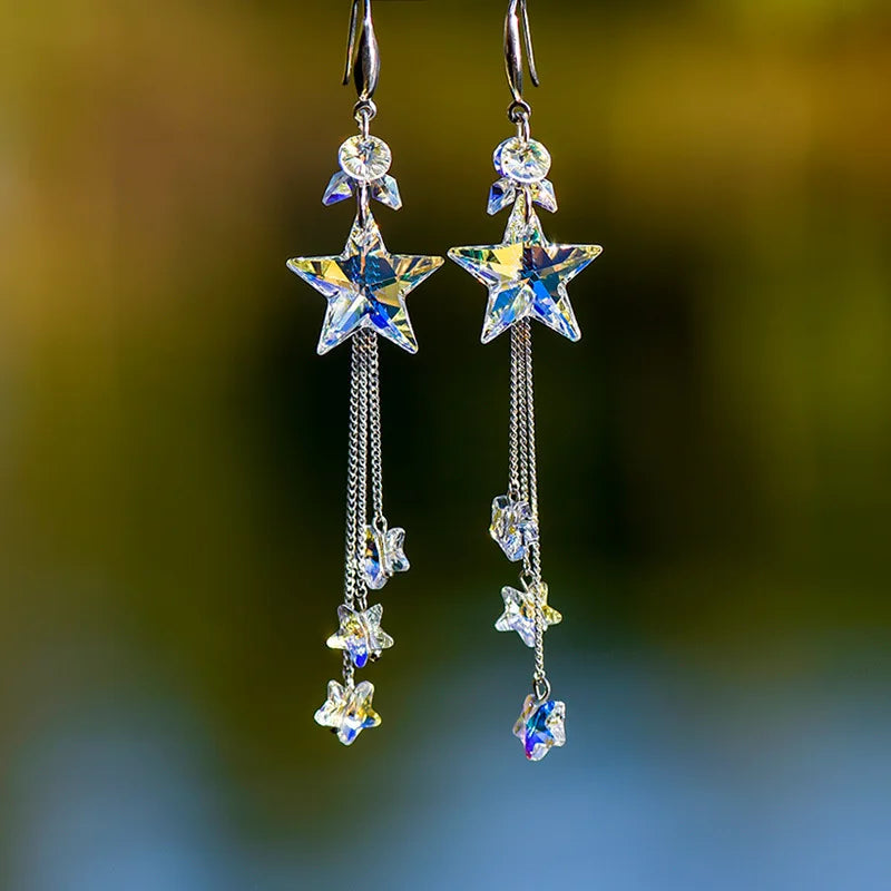 New S925 Silver Needle Jewelry - Long Glass Crystal Star Tassel Earrings for Women - Elegant Temperament Style