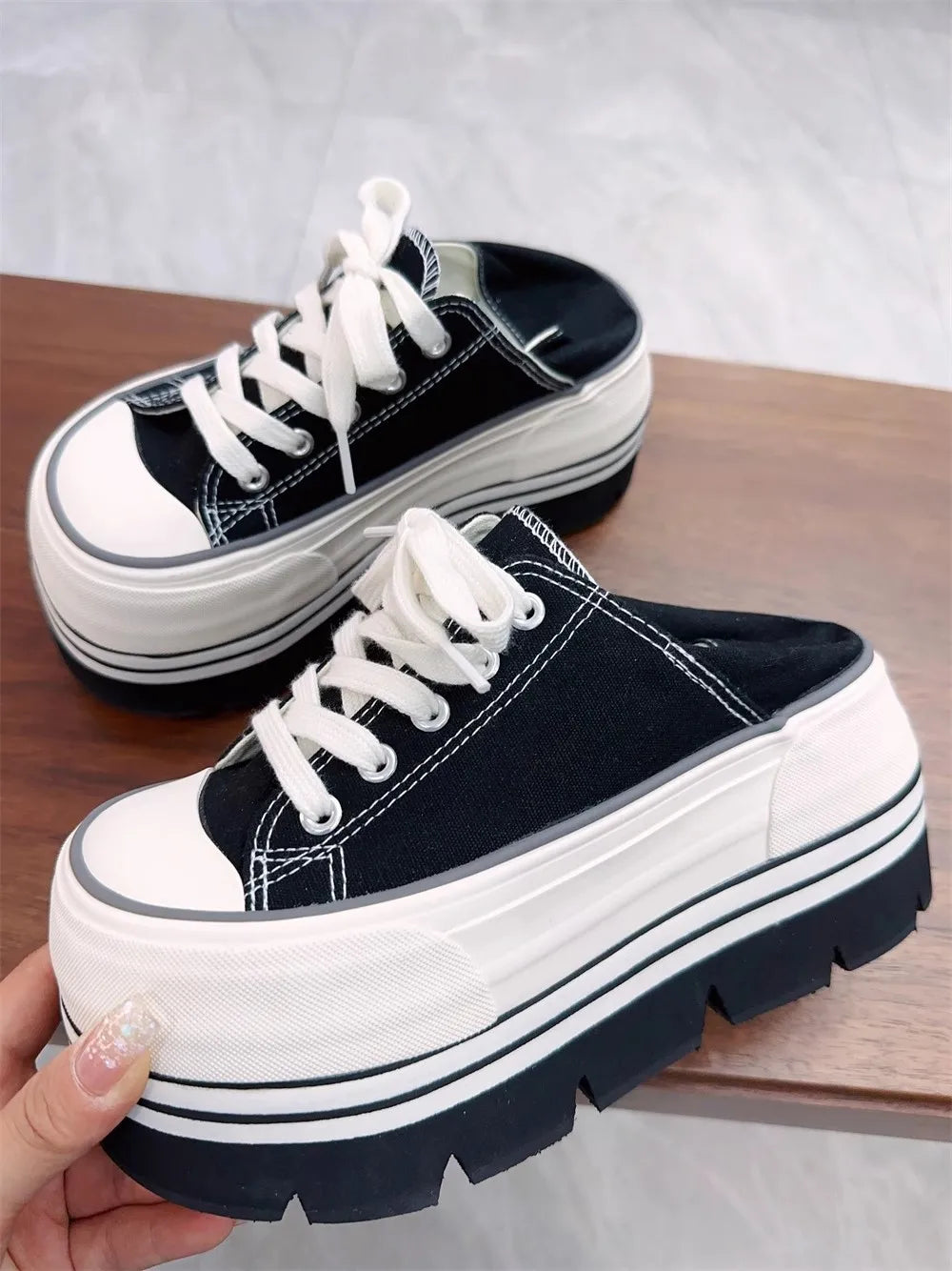 New Women's Casual Black Canvas Shoes - High Platform Lace-Up Slides with 8cm Heel