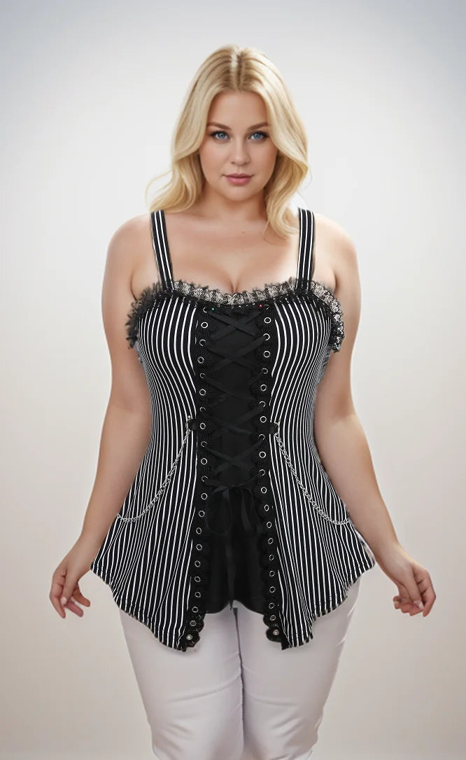 ROSEGAL Plus Size Gothic Striped Lace Up Chain Tank | Women’s Summer Backless Lace-Trim Ruffles Vest