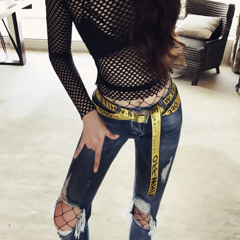 Sexy Mesh Top Gothic Clothes for Women - Black Elastic Fishnet T-Shirt, See-Through Long Sleeve Turtleneck Clubwear Outfit