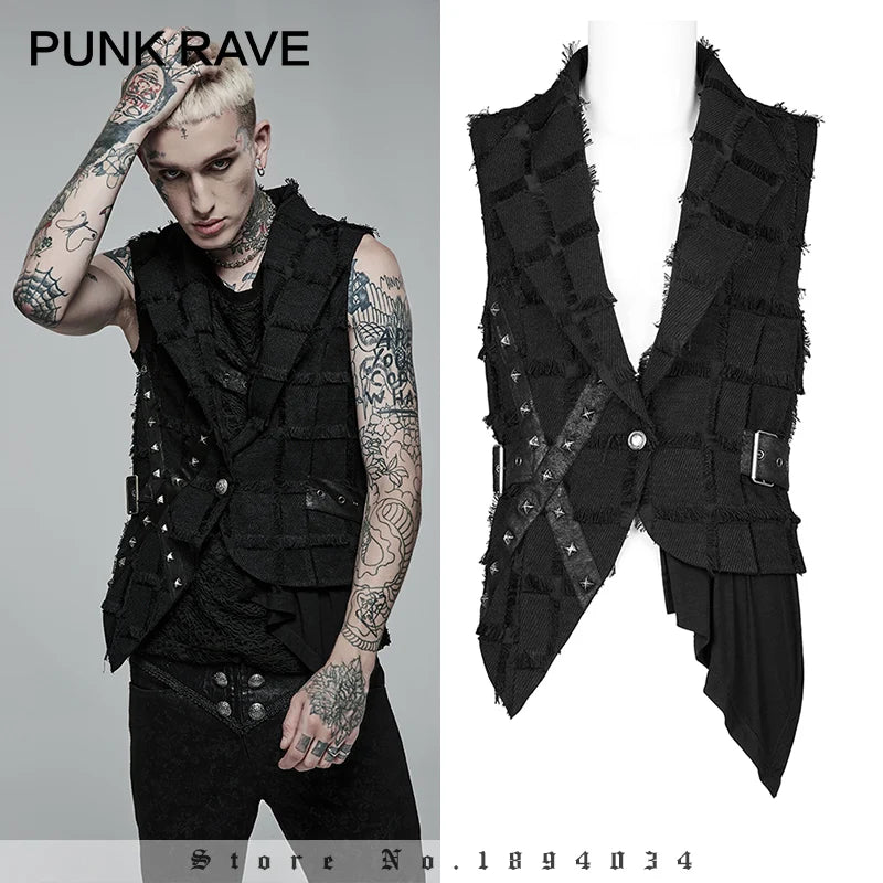 PUNK RAVE Men's Gothic Asymmetric Personality Twill Black Vest Casual Handsome Tank Top Back Hollow Out Design Four Seasons