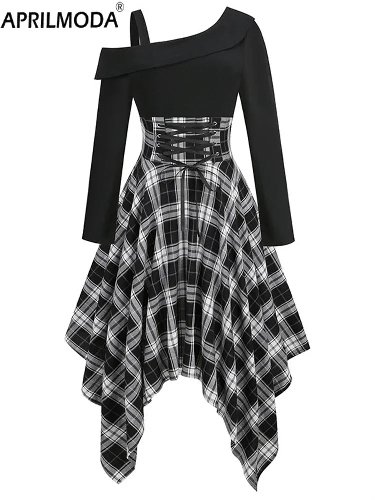 Asymmetrical Plaid Patchwork Dress – Women’s Gothic Grunge Aesthetic Flare Dress, Autumn Fashion