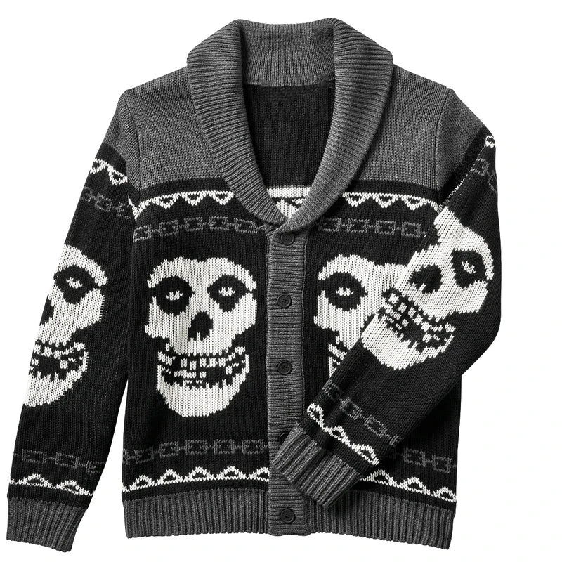 Punk Rocker Men's Skull Print Cardigan - Button Down Ugly Halloween Sweater