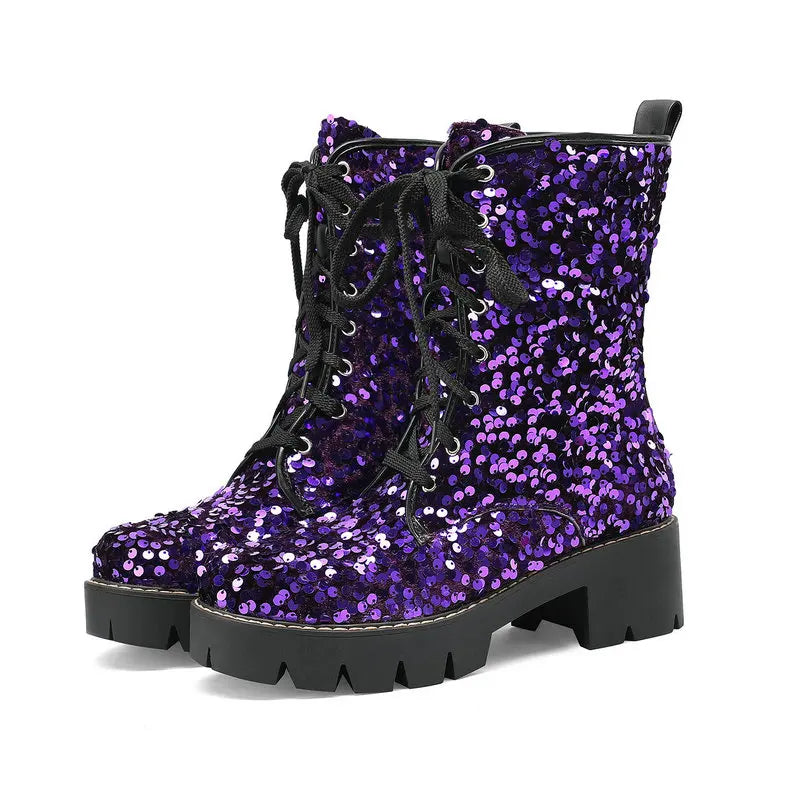 Bling Glitter Party Goth Shoes for Women | Shiny Pink, Blue, Purple Lace-Up Platform Chunky Heel Ankle Motorcycle Boots