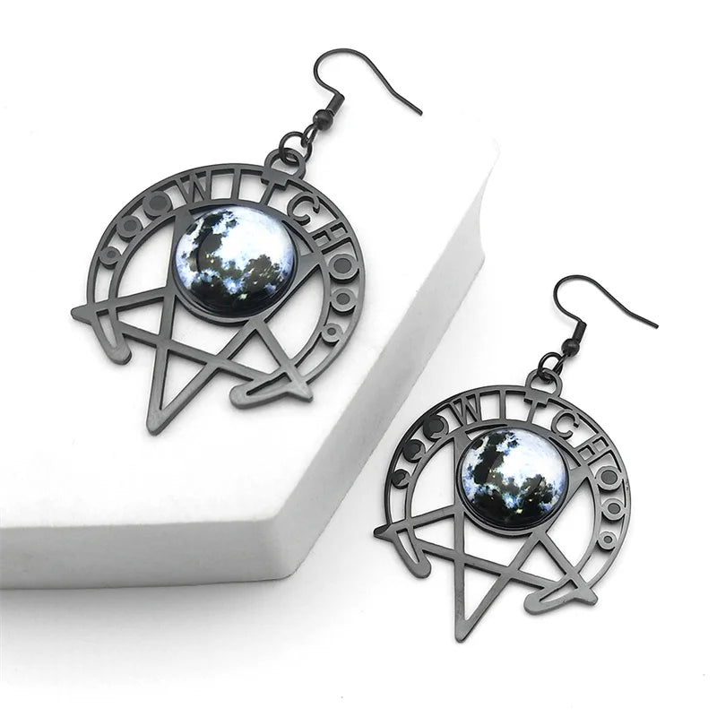 Gothic Witch Moon & Pentagram Earrings – Stainless Steel Starry Sky Crescent Drop Jewelry for Women