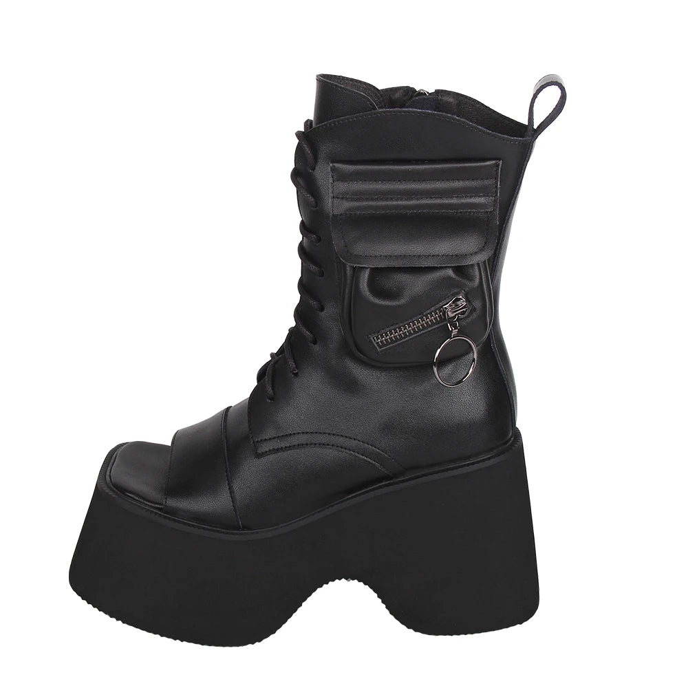 Women’s Motorcycle Style Punk Boots - Dark Gothic High Heels with Open Toe, Pocket Detail, and Chunky Platform