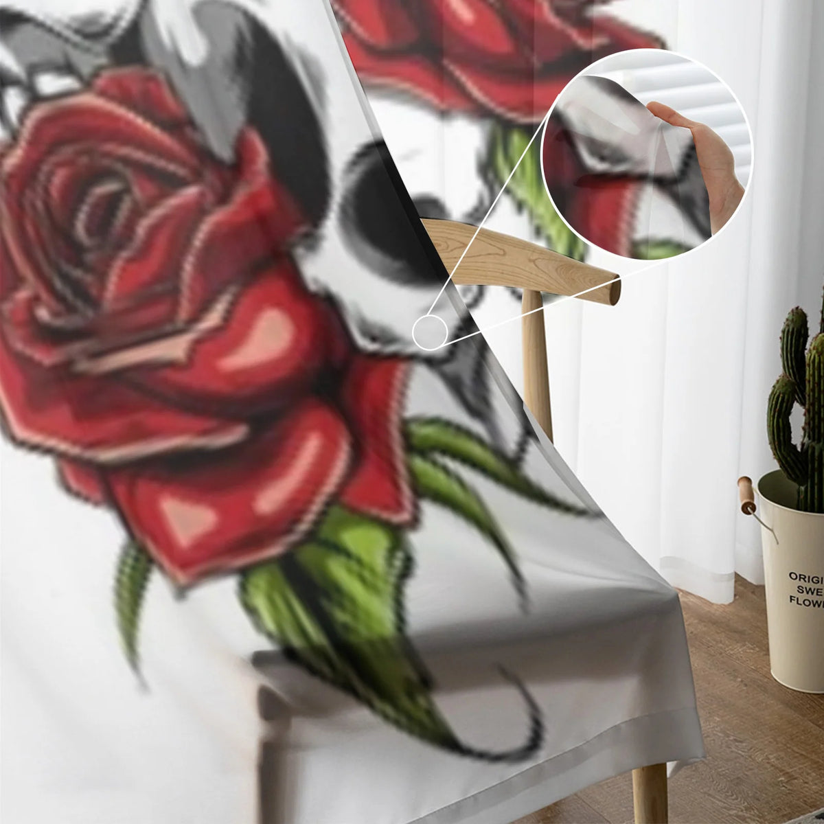 Skull with Roses Chiffon Sheer Curtains - Tulle Drapes for Living Room and Bedroom Decoration