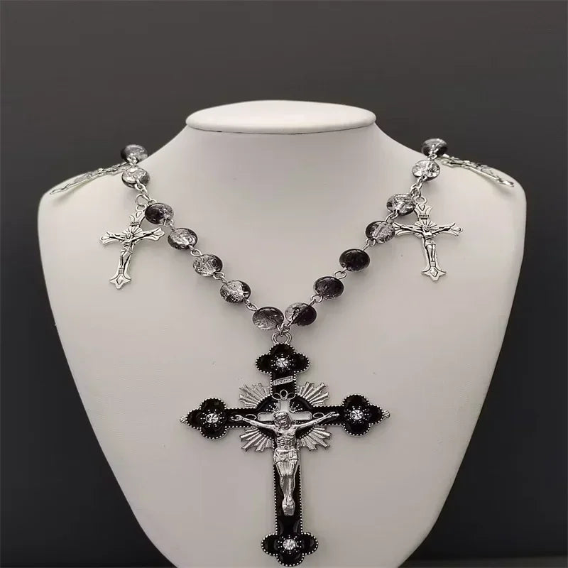 Cross Necklace – Grunge Rock Pearl Necklace for Women, Punk Cool Accessory, Goth Fashion Jewelry