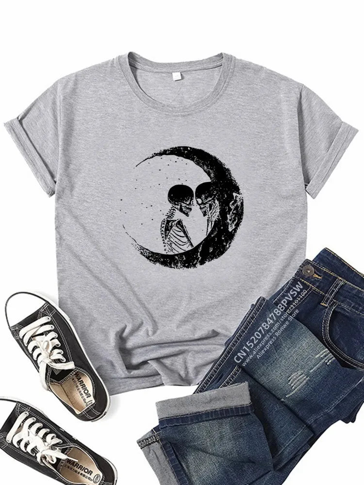 Love In a Crescent Moon Round Neck Short Sleeved Graphic Print Tee Shirt