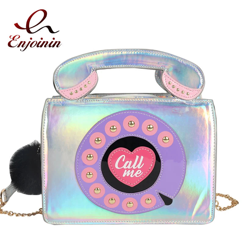 Novel Vintage Phone Shape Purses and Handbags for Women Cartoon Design Chain Shoulder Bag Girls Crossbody Bag Telephone Clutch