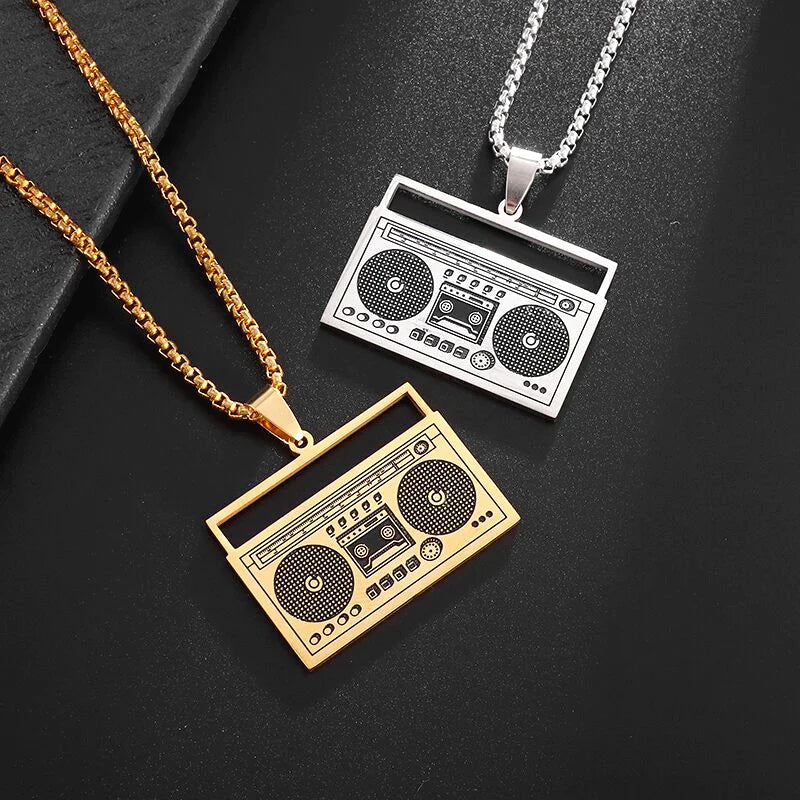 Stainless Steel Radio Pendant Retro Fashion Player Recorder Necklace Men's Personality Hip Hop Rock Street Party Jewelry