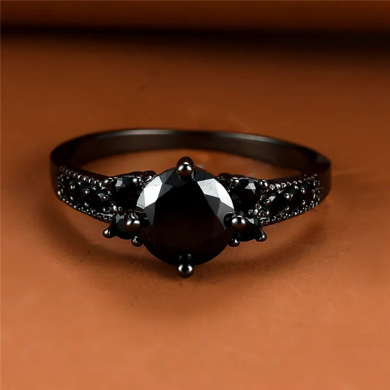 Round Black Zircon Stone Ring for Fashion Wedding Party Engagement Jewelry