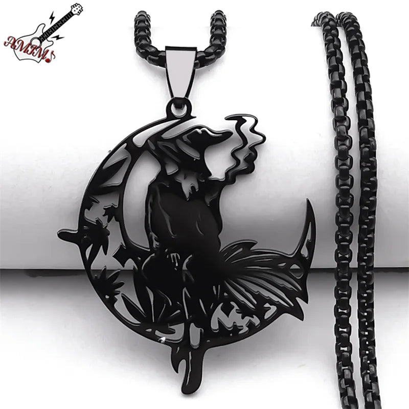 Gothic Black Hat Witch Smoking Pendant Necklace | Stainless Steel Punk Moon Leaf Chain Jewelry for Women/Men