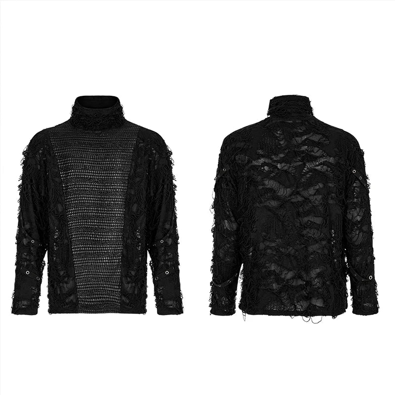 PUNK RAVE Men's Gothic High Round Collar Pullover T-shirt Elastic Ragged Eyelet Webbing Personality Casual Loose Tops