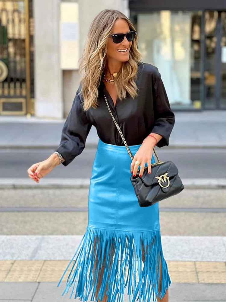 Hot Trend Sexy PU Leather Fringe High Waist Black Bodycon Party Streetwear Skirt