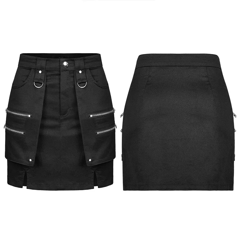 PUNK RAVE Women's Punk Mini Skirt - Black Gothic Half Skirt with Metal Rivets, Heavy Industrial Style for Daily Casual Fashion