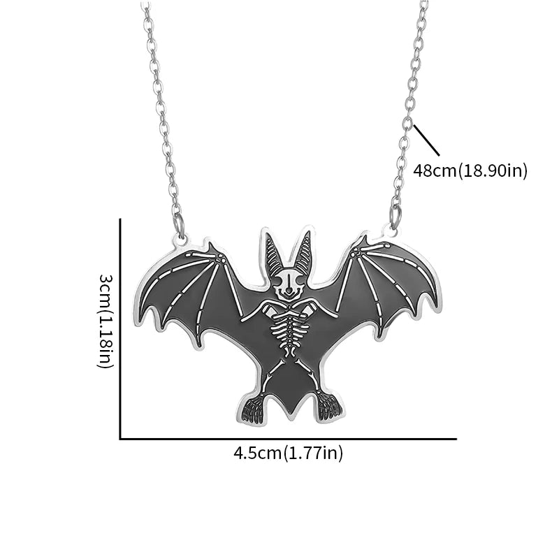 Halloween Dark Gothic Skull & Bat Pendant Necklace - Titanium Steel Jewelry for Men and Women