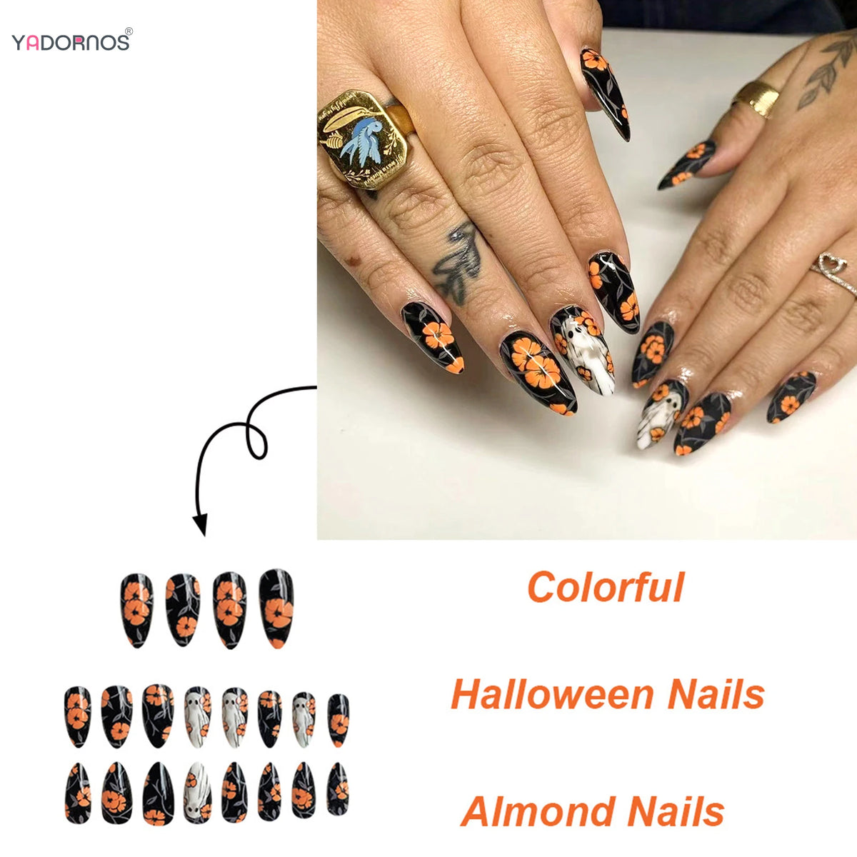 24pcs Black Halloween Fake Nails – Ghost & Orange Flower Print Press-On Nails, Spooky Manicure Set