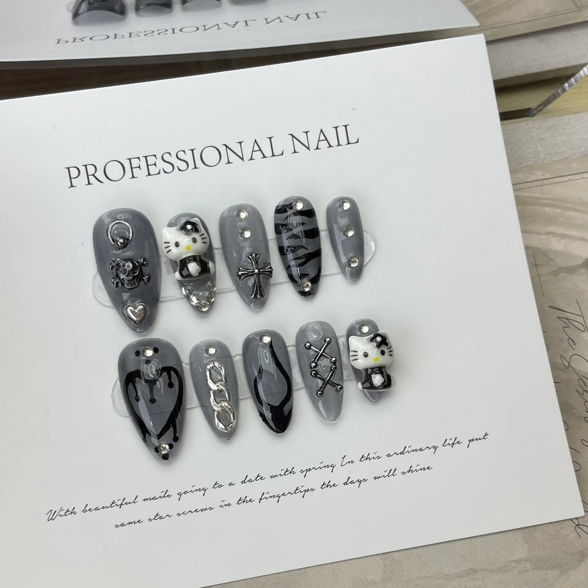 10-Piece Luxury Handmade Press-On Nails – Almond Shape Black Cat Design with 4-Piece Adhesive Tool & Nail Glue Tabs