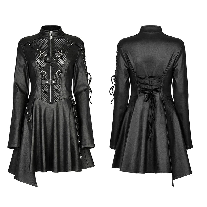 PUNK RAVE Women's Faux Leather Dress - Sexy Long Sleeve Gauze Spliced Asymmetric Hem in Black Gothic Style