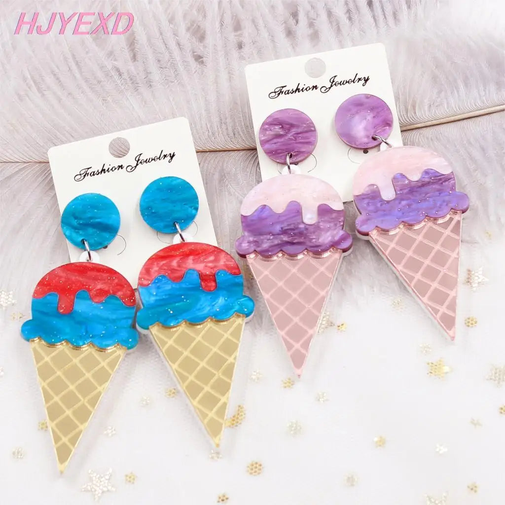 Acrylic Ice Cream, Lip, Donut, and Evil Eye Dangle Earrings - Pink Food Jewelry with Mermaid Rainbow Design