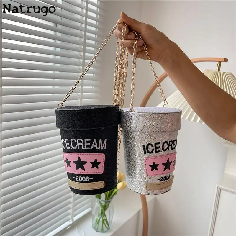 Funny Cute Cup-Shaped Shoulder Bag - Ice Cream Printed Bucket Bag, Ladies' Crossbody Messenger Purse Handbag