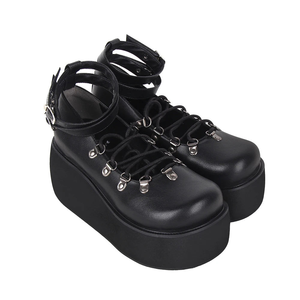 Angelic Imprint Women’s Punk Rock Lolita Goth Chunky Platform Shoes - Faux Laces with Ankle Strap