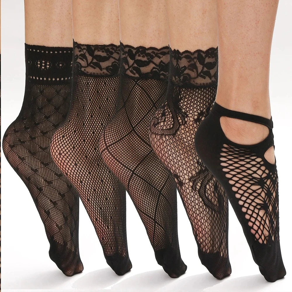 Women's Sexy Summer Fishnet Mesh Ankle Socks – Black Floral Lace Patchwork, Breathable Hollow Nylon Hosiery