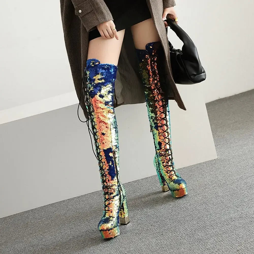 Sequined Over-The-Knee High Boots - Super High Heels Platform Ladies Boots for Party