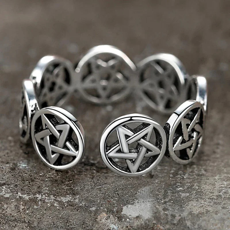 Vintage Silver Star Pentagram Chunky Adjustable Finger Ring | Punk Tibetan Jewelry Gift for Women and Men