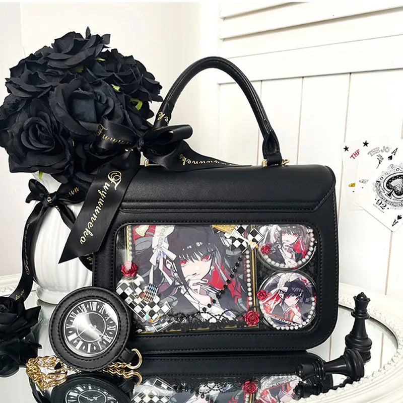 Sweet Bow-Knot Handbag - Japanese Kawaii Lolita Square Crossbody Bag, Ladies' Chessboard Diamond Grid Design in Black