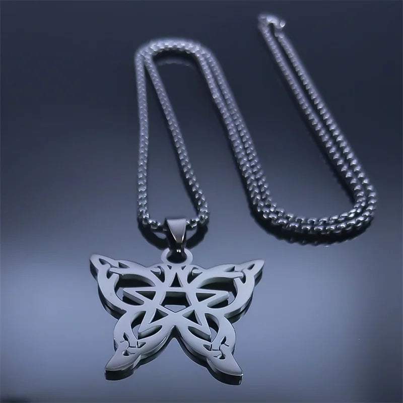 Goth Witchcraft Pentagram Butterfly Pendant Necklace - Stainless Steel Celtic Pentacle Necklaces, Witchy Jewelry