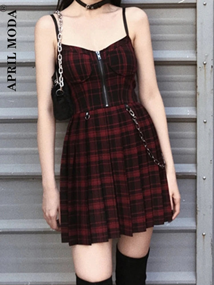 Gothic Girls' Red Plaid Pleated Dress – Emo Alt Y2K Zip-Up Punk Rock Mini Dress with Black Spaghetti Straps