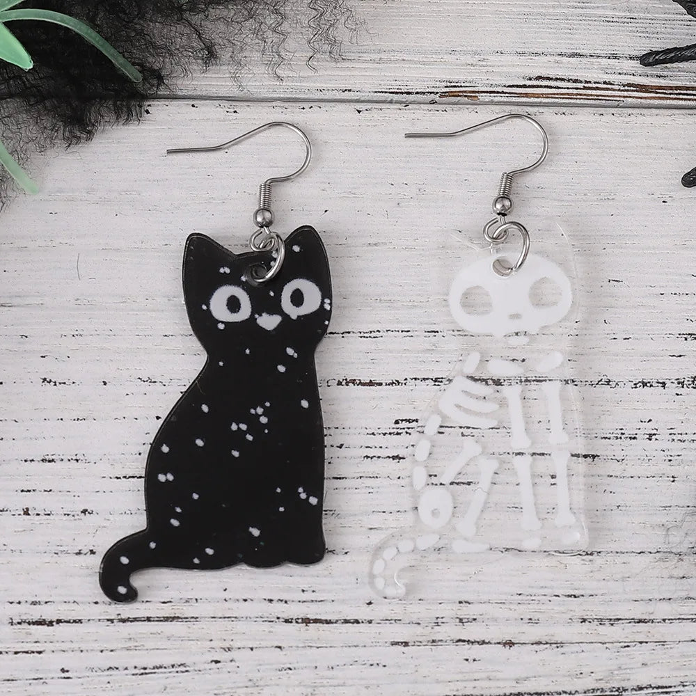 New Halloween Black and White Skeleton Cat Earrings | Transparent Acrylic Dark Party Decoration