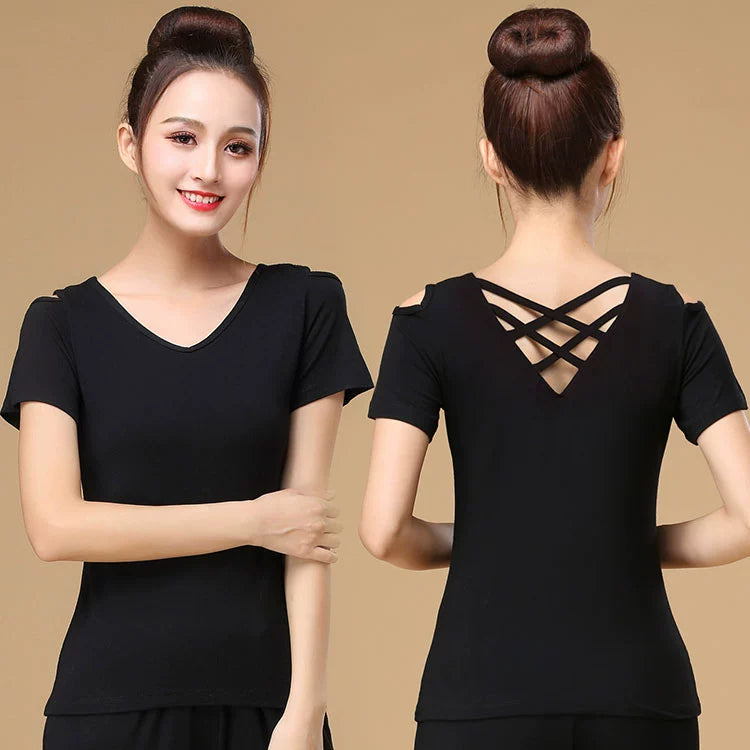 Women’s Long Sleeve or Short Sleeve V Neck Cutout Criss Crossed Back Active Top