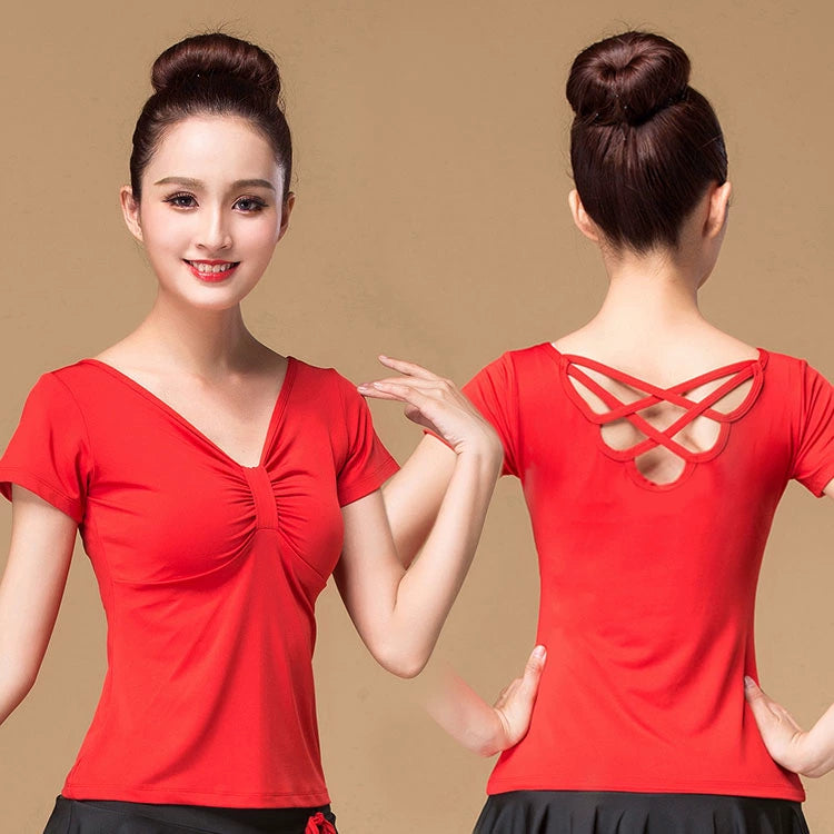 Women’s Slim Fit Criss Cross Back Cut Out Short Sleeved Sweetheart Neck Top