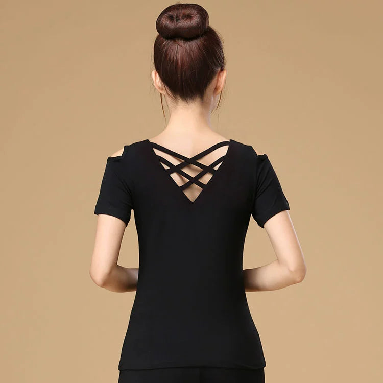 Women’s Long Sleeve or Short Sleeve V Neck Cutout Criss Crossed Back Active Top