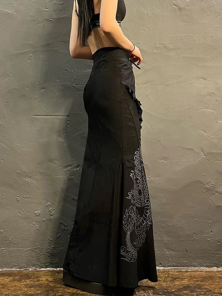 IAMSURE Chinese Style Dragon Printed A-Line Maxi Skirt | Dark Lace Mid-Waisted Women's Summer Fashion Gothic Skirt