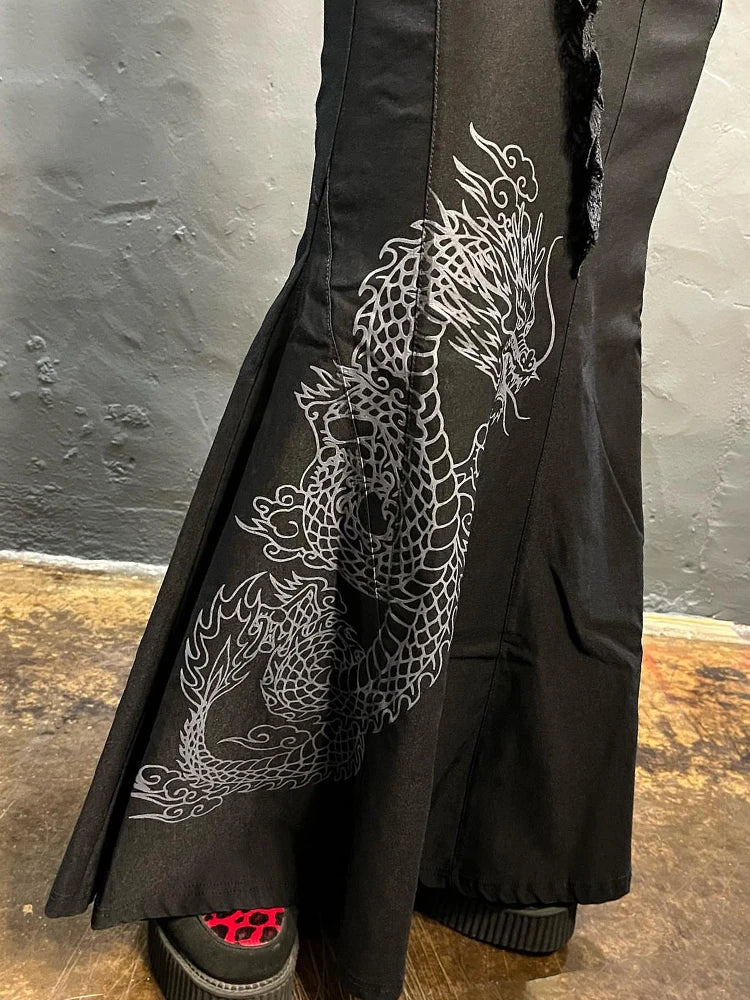 IAMSURE Chinese Style Dragon Printed A-Line Maxi Skirt | Dark Lace Mid-Waisted Women's Summer Fashion Gothic Skirt